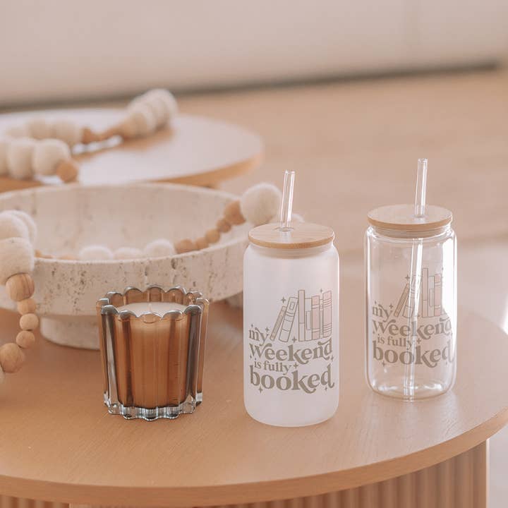 WEEKEND IS BOOKED GLASS TUMBLER W/ BAMBOO LID & GLASS STRAW for wholesale by KNOTS + NOOK