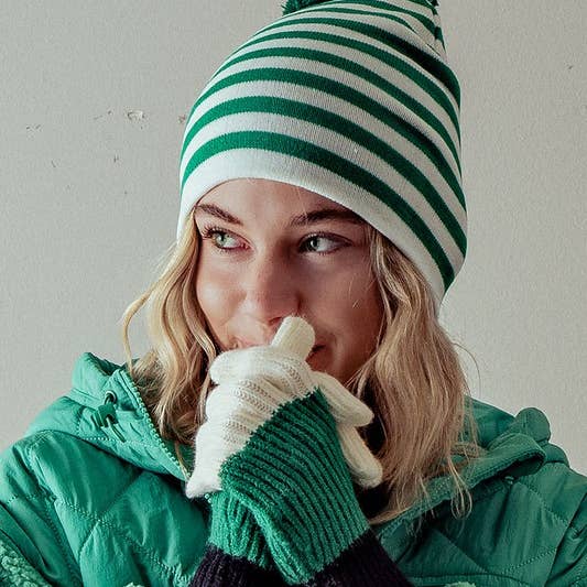 Urban Daizy - Wholesale Beanie - Women's - TWO TONE STRIPE HOLIDAY BEANIE W/POM