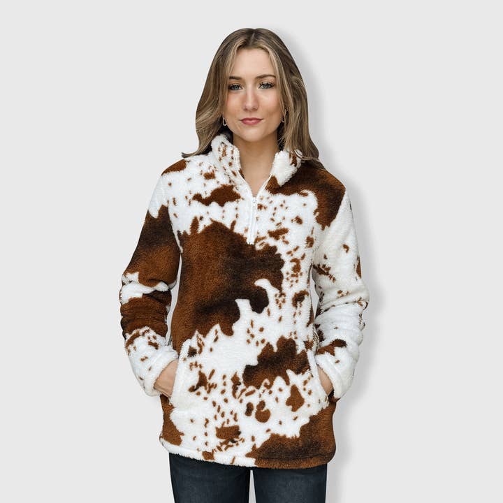 ILTEX Apparel - Wholesale Screen Printed T-Shirt - Women's - Cow Print Brown White Sherpa Pullover Women3