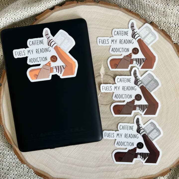Caffeine Fuels My Reading Addiction Bookish Sticker for wholesale by The Unbound Bookworm