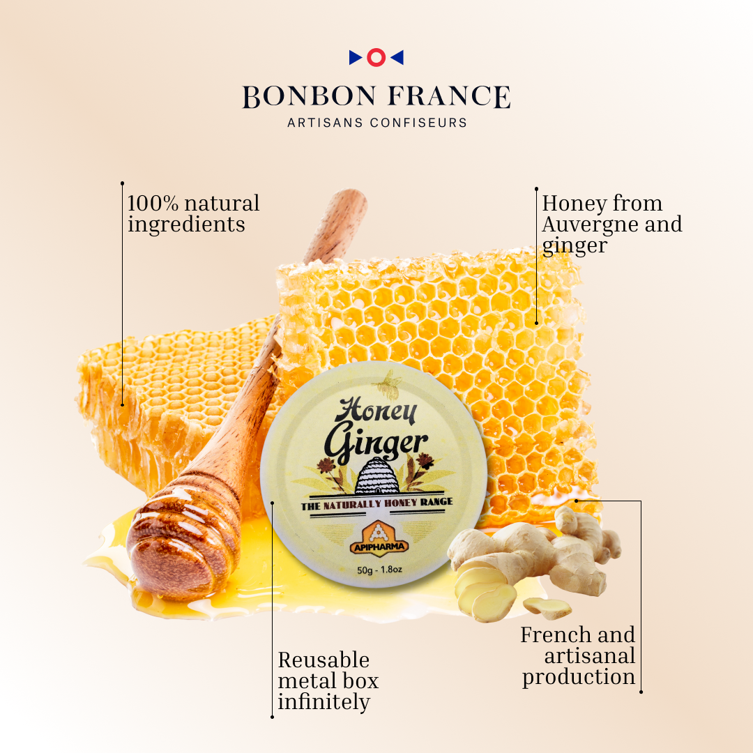 Bonbon-France - Venta al por mayor Golosinas duras - Apipharma Miel de Jengibre - 20 % Miel de Auvernia - Francia2
