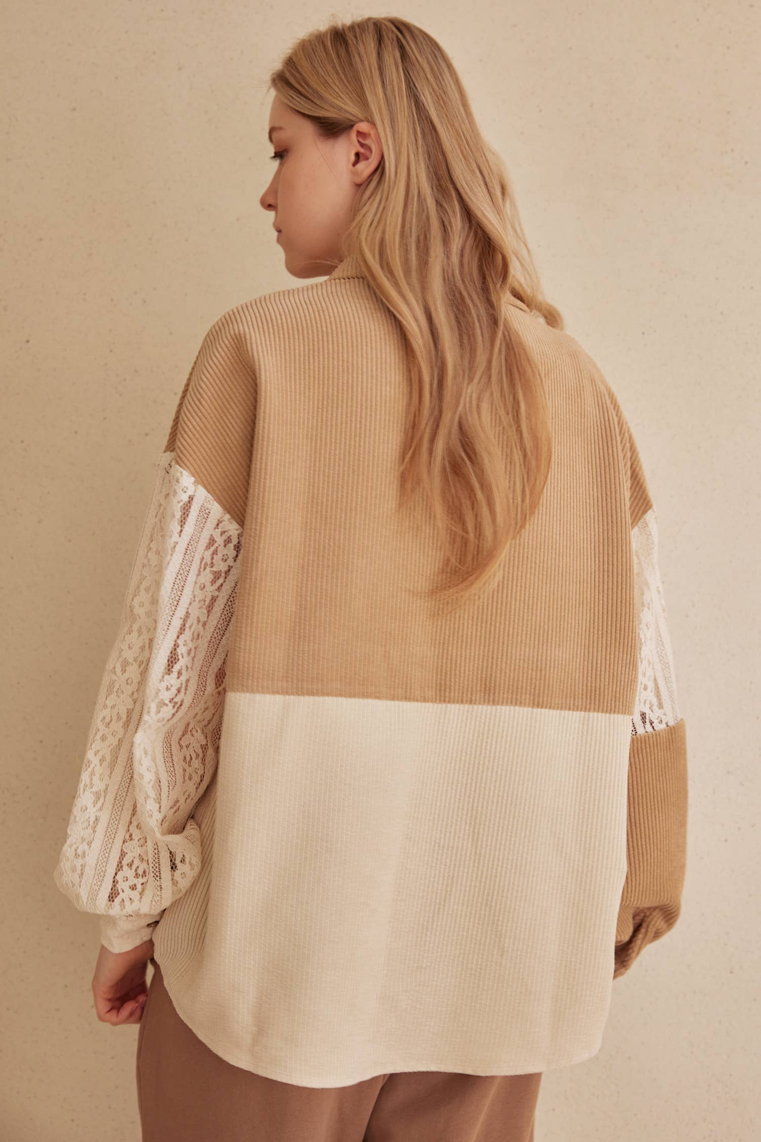 Multi Beige Color Block Corduroy Shirt with Lace Detail for wholesale on Faire2