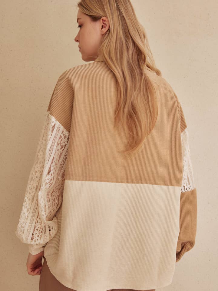 Multi Beige Color Block Corduroy Shirt with Lace Detail for wholesale on Faire2