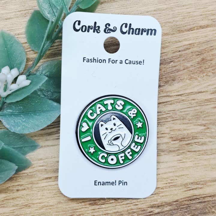 I Love Cats and Coffee Enamel Pin for wholesale by Cork and Charm