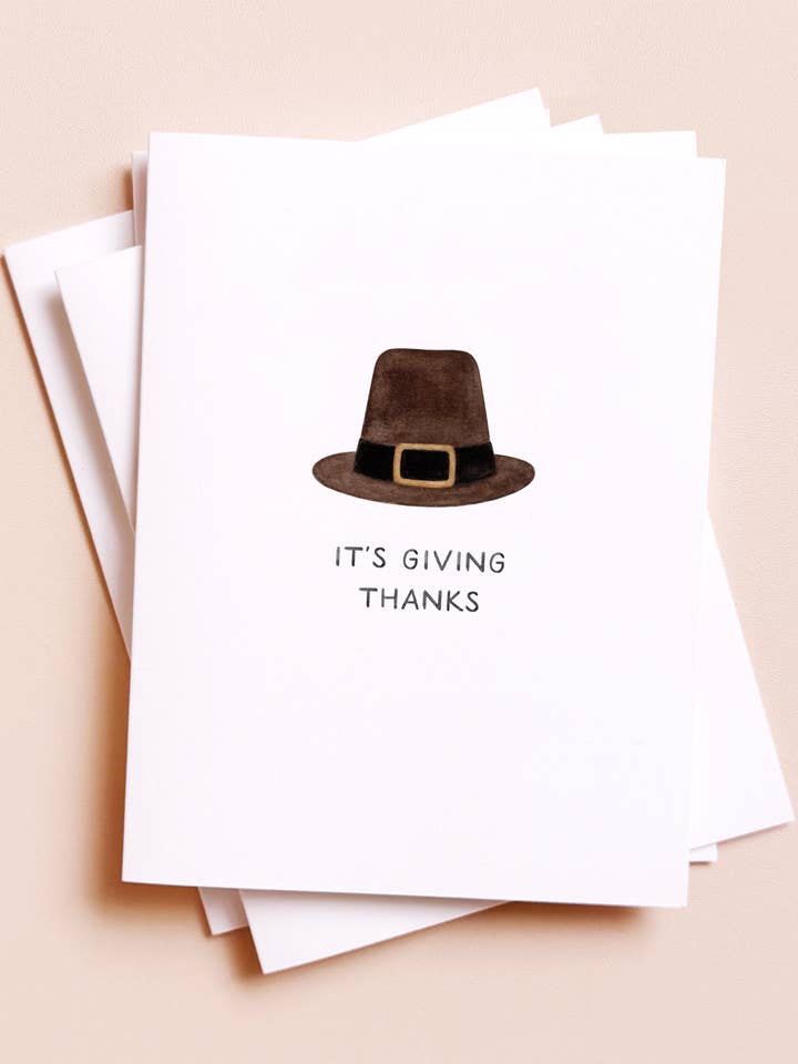 It's Giving Thanks — Funny Pilgrim Hat Thanksgiving Card for wholesale by Amy Zhang