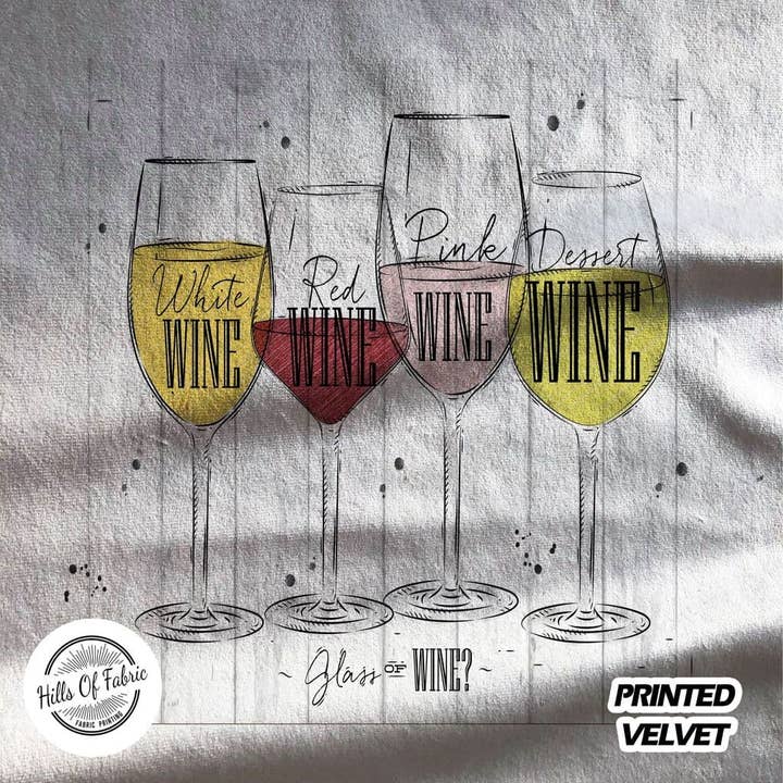 Glas Vin Farver Drik Trykt Fabric Panel for engroshandel hos Hills Of Fabric