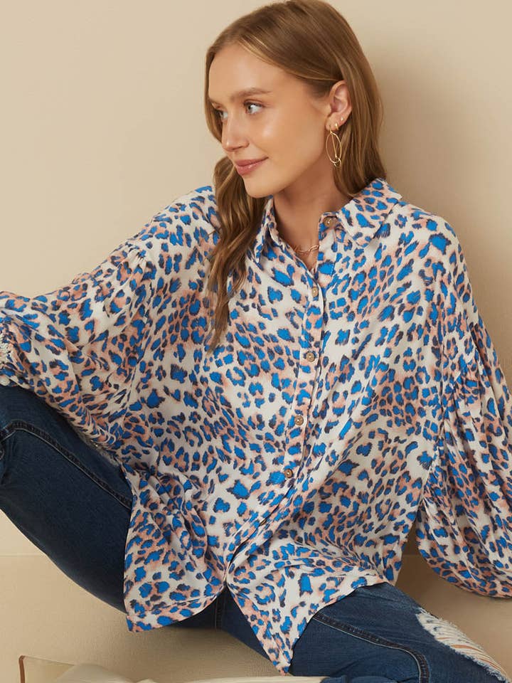 Womens Bright Leopard Print Button Up Shirt for wholesale by Hayden LA