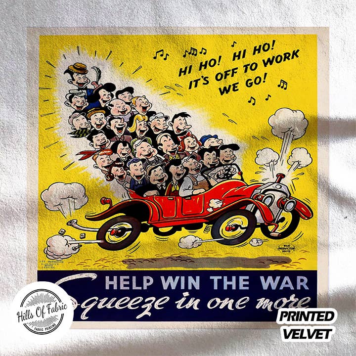 Off Too Work We Go Car Share Wartime   Printed Fabric Panel for wholesale by Hills Of Fabric