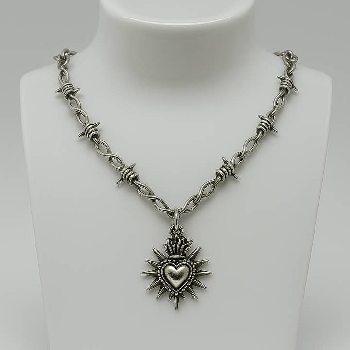 Silver Gothic Barbed Wire Silver Sacred Heart Necklace for wholesale by ARTEMIS