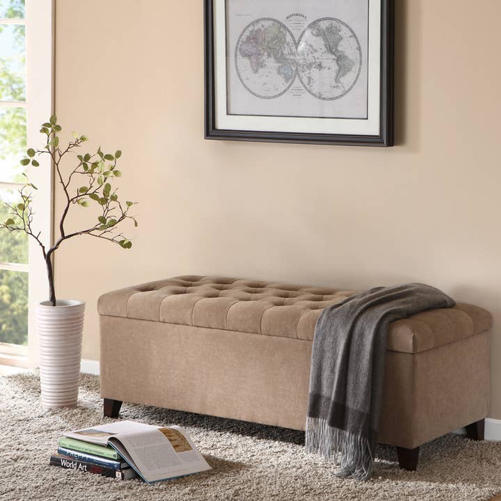 Button Tufted Upholstered Storage Bench, Sand Taupe * for wholesale by Olliix