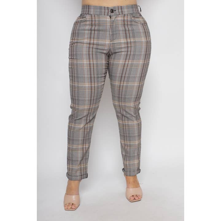 PLUS SIZE PLAID BUTTON SKINNY LEG TROUSER PANTS for wholesale by Curve Market