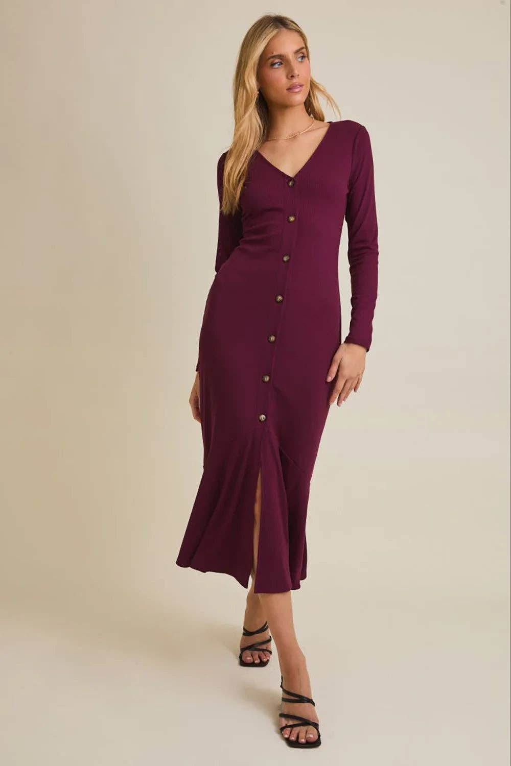 Wine Plum Ribbed Button Front Long Sleeve V-Neck Midi Dress with Flare Hem for wholesale on Faire0