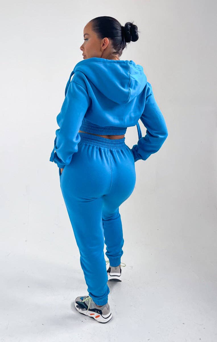 Femme Luxe - Wholesale Lounge Set - Women's - Blue Cropped Zip Front Elasticated Hem Hoodie And High Waisted Jogger Loungewear Set - Addisyn6