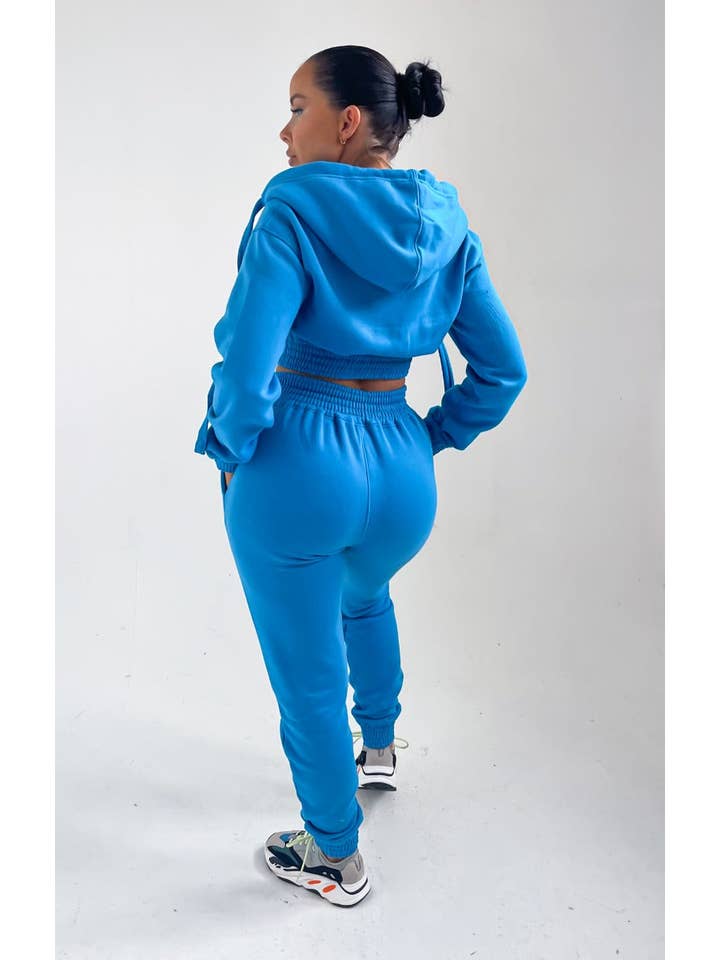 Femme Luxe - Wholesale Lounge Set - Women's - Blue Cropped Zip Front Elasticated Hem Hoodie And High Waisted Jogger Loungewear Set - Addisyn6