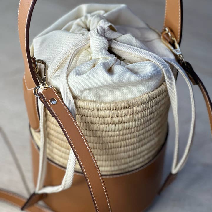 Paris Luxe Leather and Raffia Bucket Bag for wholesale by Le Papillon Vert Ltd