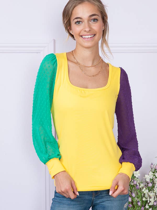 MARDI GRAS TOP WITH SWISS DOT SLEEVES for wholesale by Burgundy Apparel