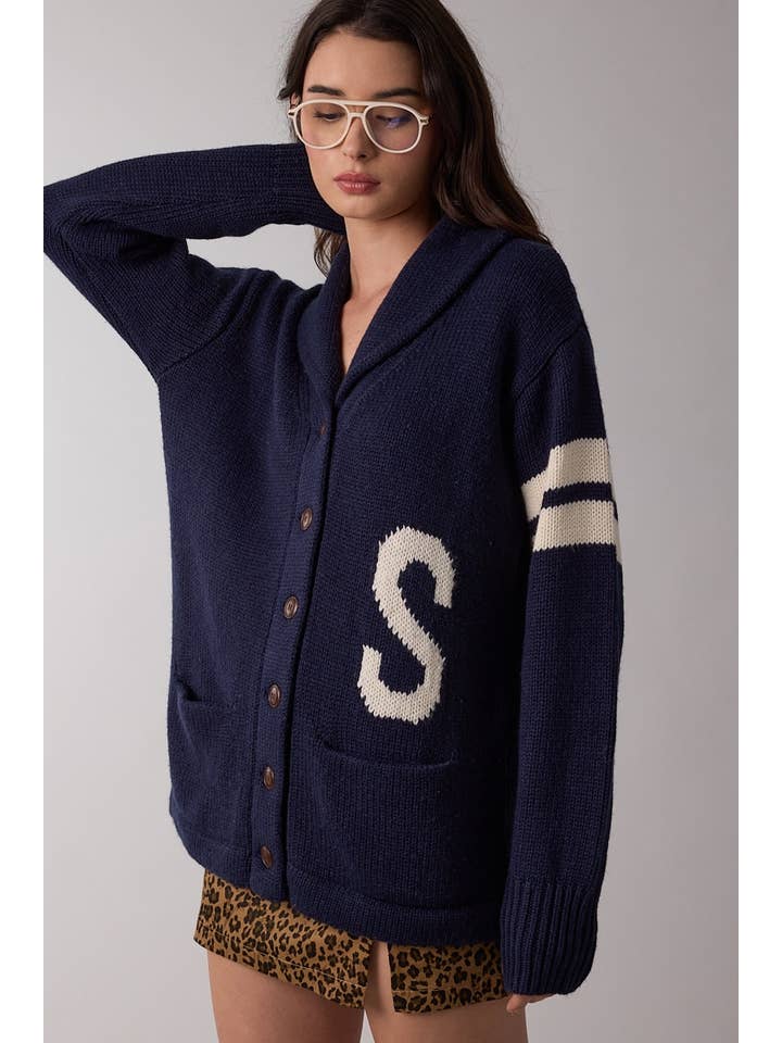 DEEP BLUE GRAPHIC COLLARED KNIT SWEATER CARDIGAN for wholesale on Faire