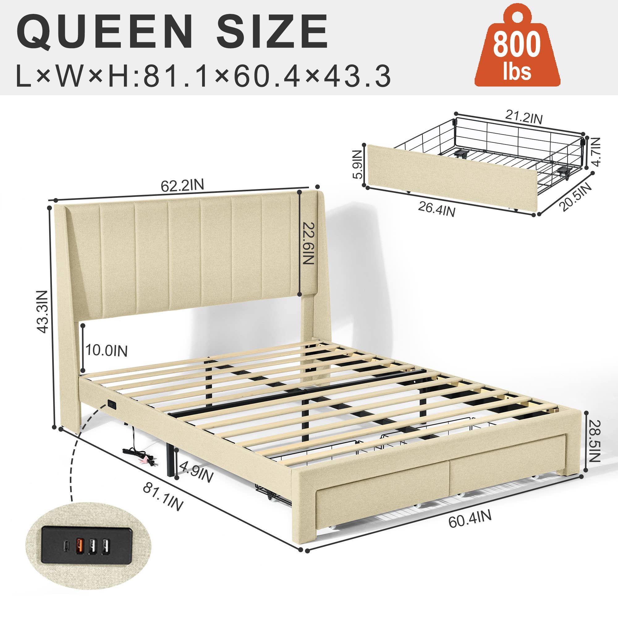 HOMYCASA DESIGN INC - Wholesale Bed - Queen/Twin Bed Frame - Drawers, USB, Beige11