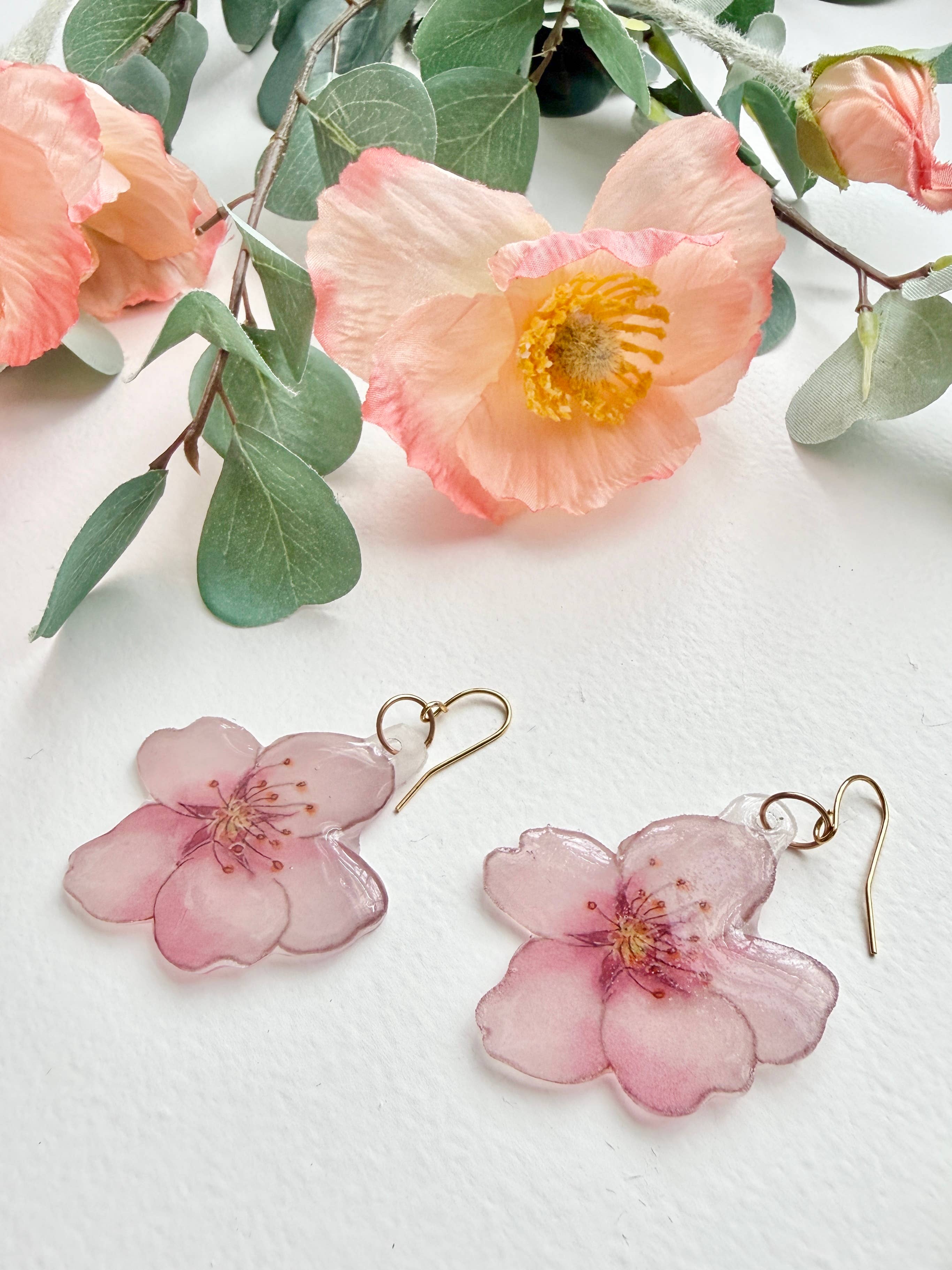 D. Prince Designs - Wholesale Dangle Earrings - Hand-Illustrated Cherry Blossoms | Handmade Acrylic + Resin Dangle Earrings4