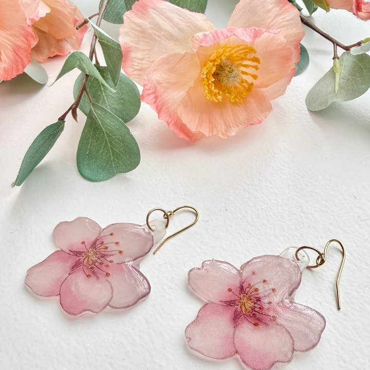 D. Prince Designs - Wholesale Dangle Earrings - Hand-Illustrated Cherry Blossoms | Handmade Acrylic + Resin Dangle Earrings4