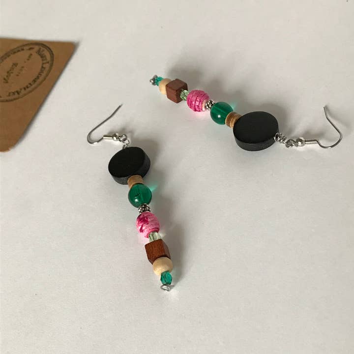 Mary Lindseth Art - Wholesale Dangle Earrings - “Ava” emerald green glass+ magenta bead earrings0