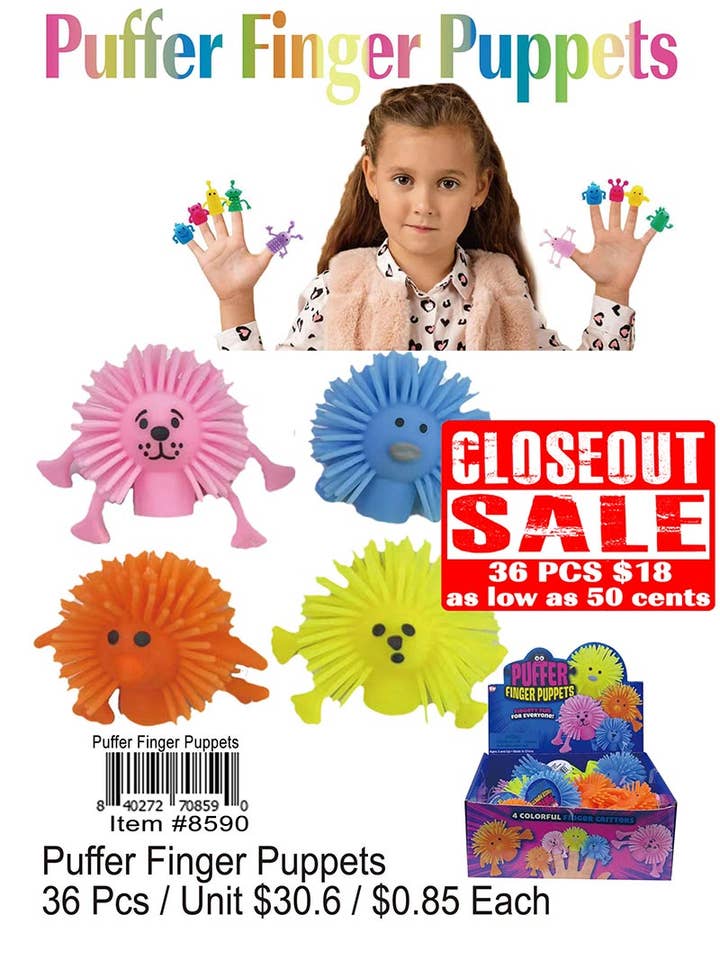 Puffer Fingerpuppen 36 Stk. - Ausverkauf. für den Großhandel von Puka Creations