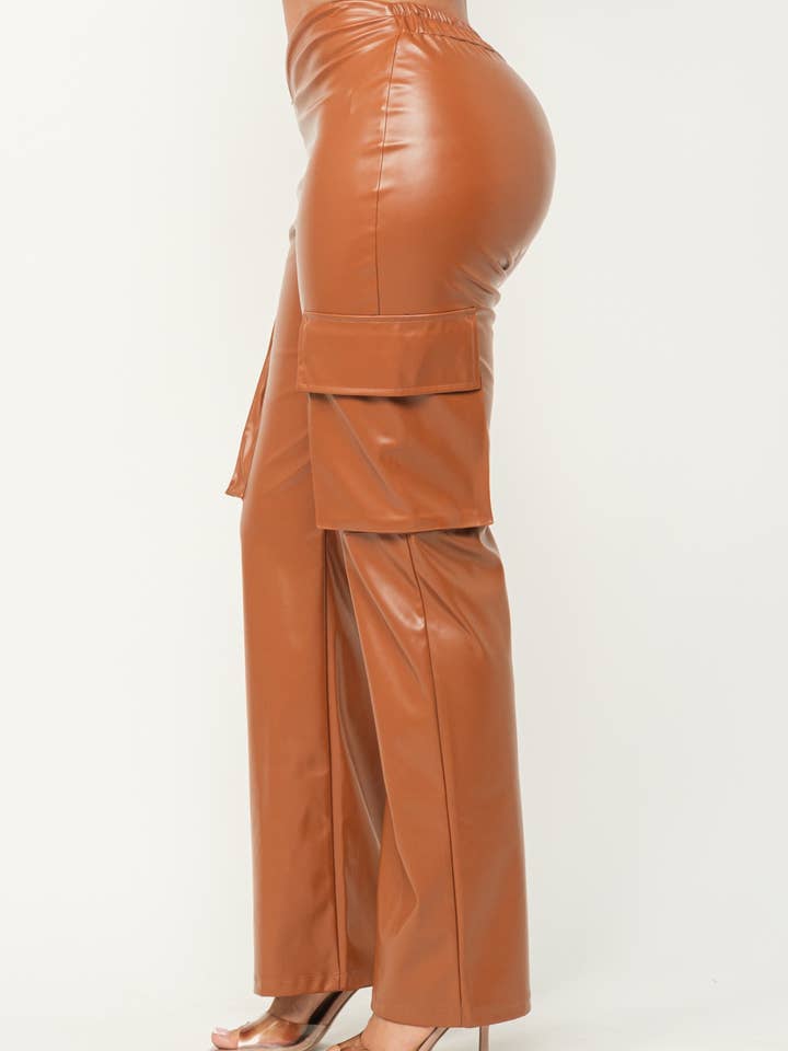 Julia by LoveJ - Wholesale Pants - Women's - Leather Front V-Cut Side Flap Pocket Cargo Pants