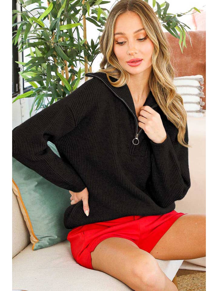 Vine & Love - Wholesale Knit Sweater - Women's - Collared Half Zip-Up Long-Sleeve Knitted Sweater Top VT60536