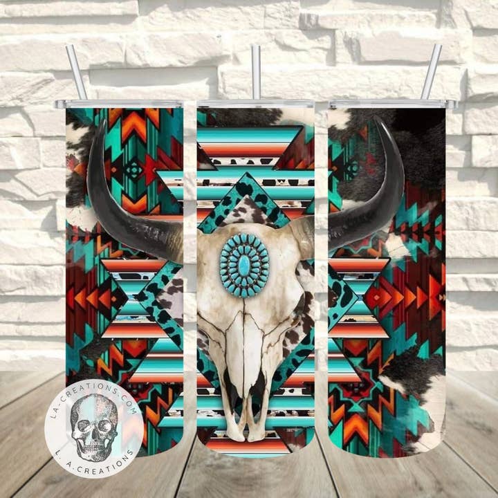 Western Aztec cow skull 20oz Tumbler for wholesale by L.A. Creations