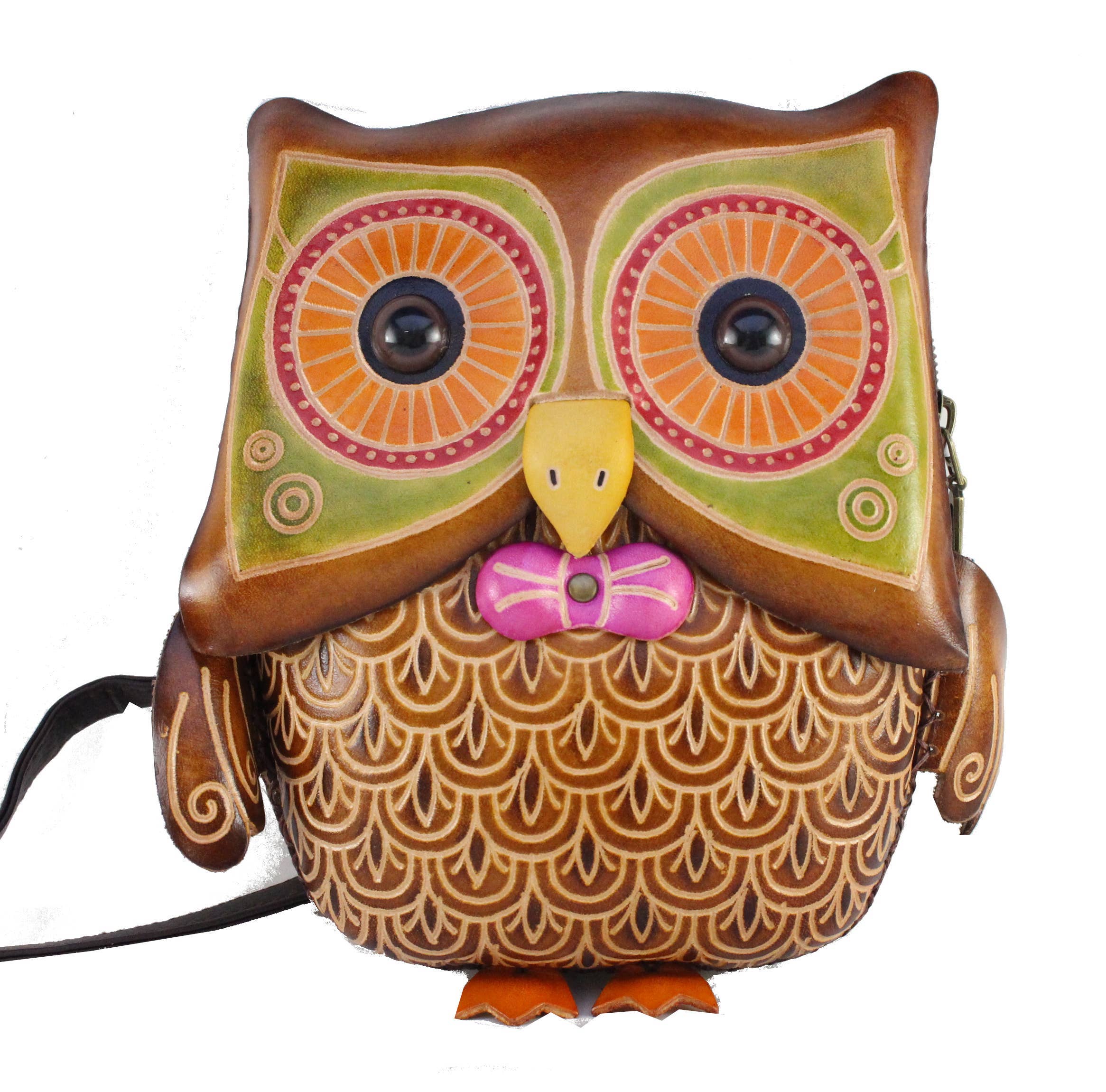 Sunflower Handmade leather inc - Vente Sac à bandoulière – femme - XLE021 sac à bandoulière en cuir fait main en forme de hibou, marron0