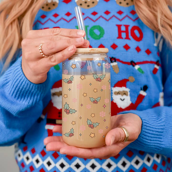 Gia Roma - Wholesale Drinking Glass/Cup - Candy Cane Christmas Can Glass. Cup With Glass Straw & Lid47