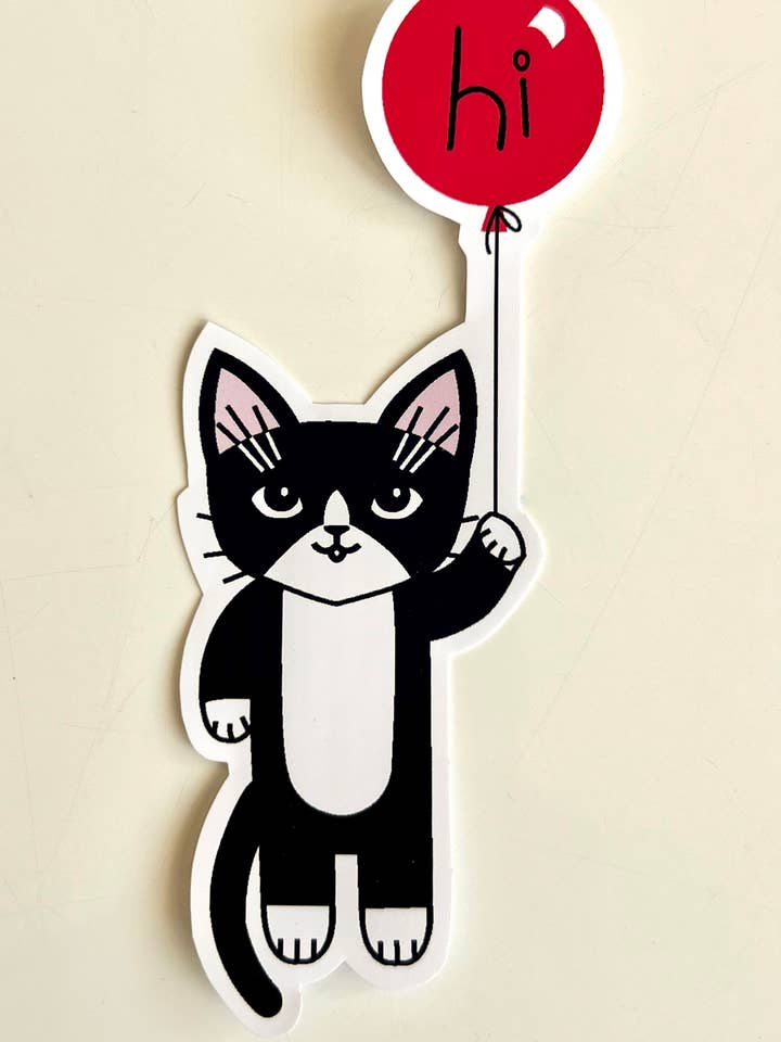 Hi Kitty Tuxedo Cat with Red Balloon Hand-cut Sticker for wholesale by Cathy Peng Art & Design