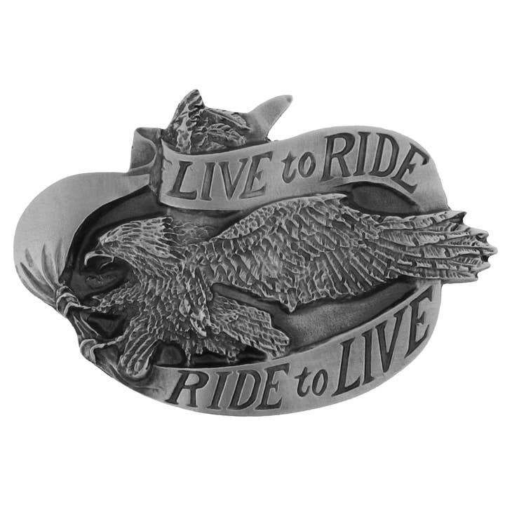 Made in the USA - Live to Ride Alighting Eagle Belt Buckle for wholesale by Western Express
