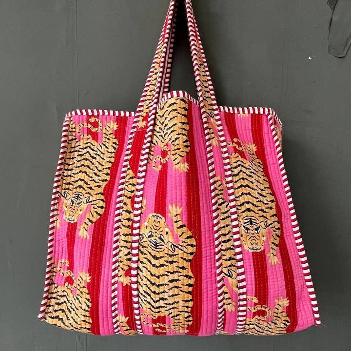 Bhawana Handicrafts - Wholesale Tote Bag - Women's - Tiger & Floral Quilted Reversible Cotton Eco Tote Bag