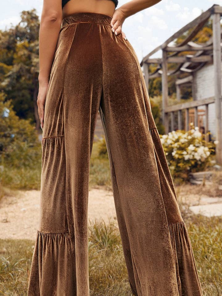 Chestnut Ruffle Hem Wide Leg Velvet Pants for wholesale by Lovesoft
