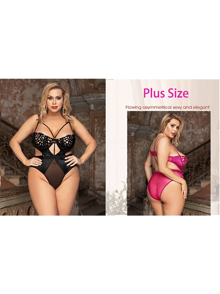 Lovely Lies - Wholesale Lingerie Bodysuit - Women's - Black or Pink Mesh Satin Combo Bodysuit Teddy w/ Detail at
