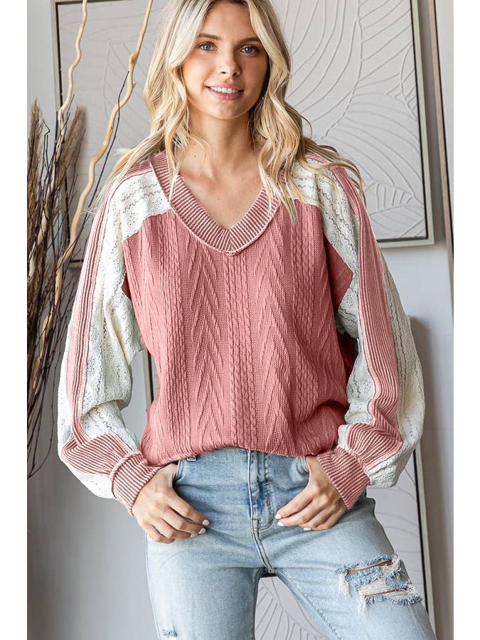 7th Ray - Wholesale Knit Top - Women's - Cable Knit Color Block V Neck Long Sleeve Top T5694