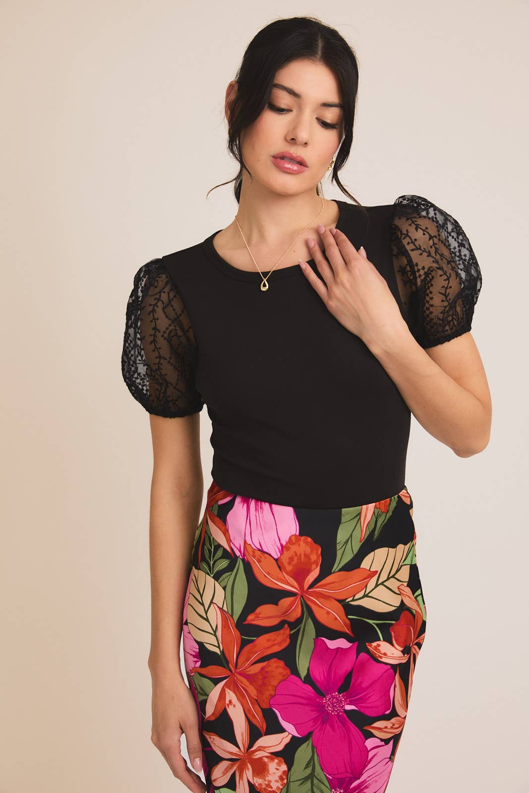 Black ROUND NECK LACE PUFF SLEEVE KNIT + LACE MIX BODYSUIT for wholesale on Faire0