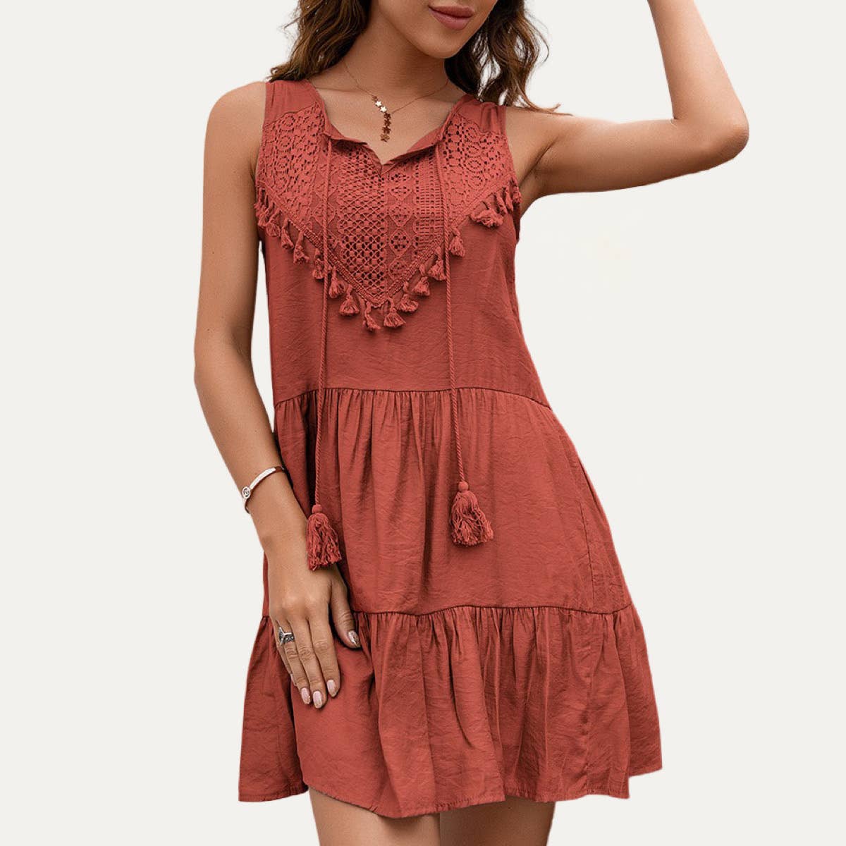 The Moment Collection - Wholesale Dress - Women's - Delicate Boho-Style Embroidered Lace Fringe Mini Dress2