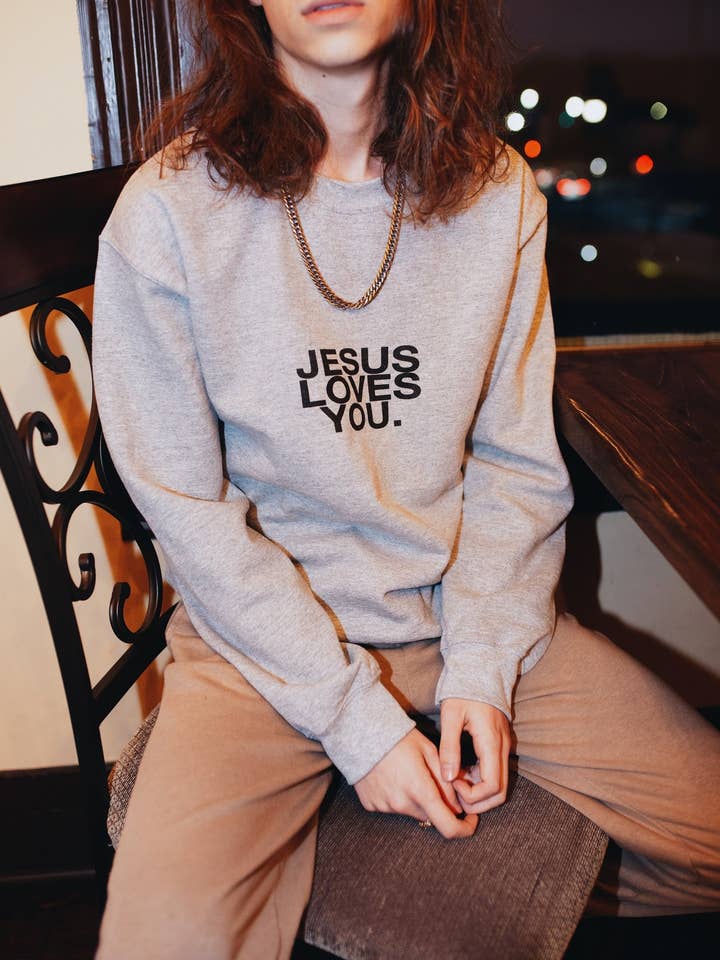 Jesus Loves You Company - Wholesale Graphic Sweatshirt - Unisex - “Check Front” Gray Crewneck Sweatshirt