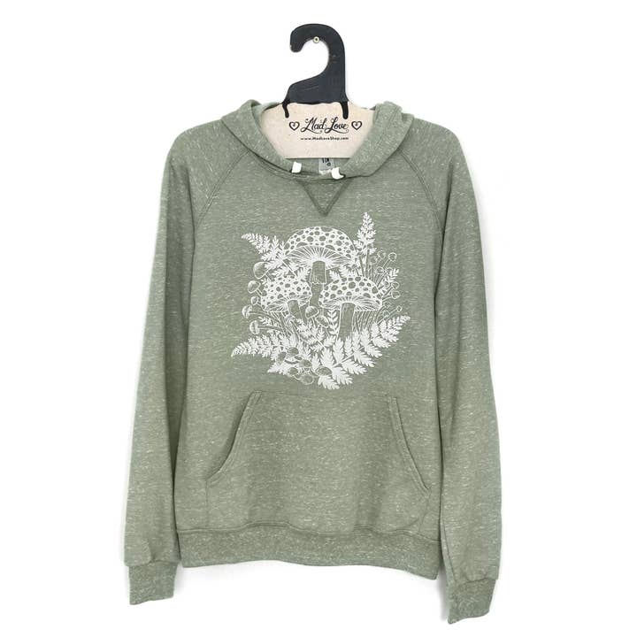 Unisex Olive Terry Speckle Hoodie With Mushroom Fern print for wholesale by Mad Love Shop