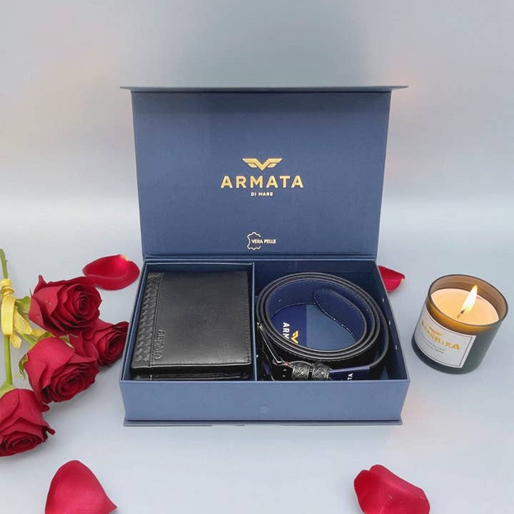 Cadeau de la Saint-Valentin | Ensemble portefeuille et ceinture en cuir pour homme, art. IDK963-35 pour la vente par Suie Valentini srl