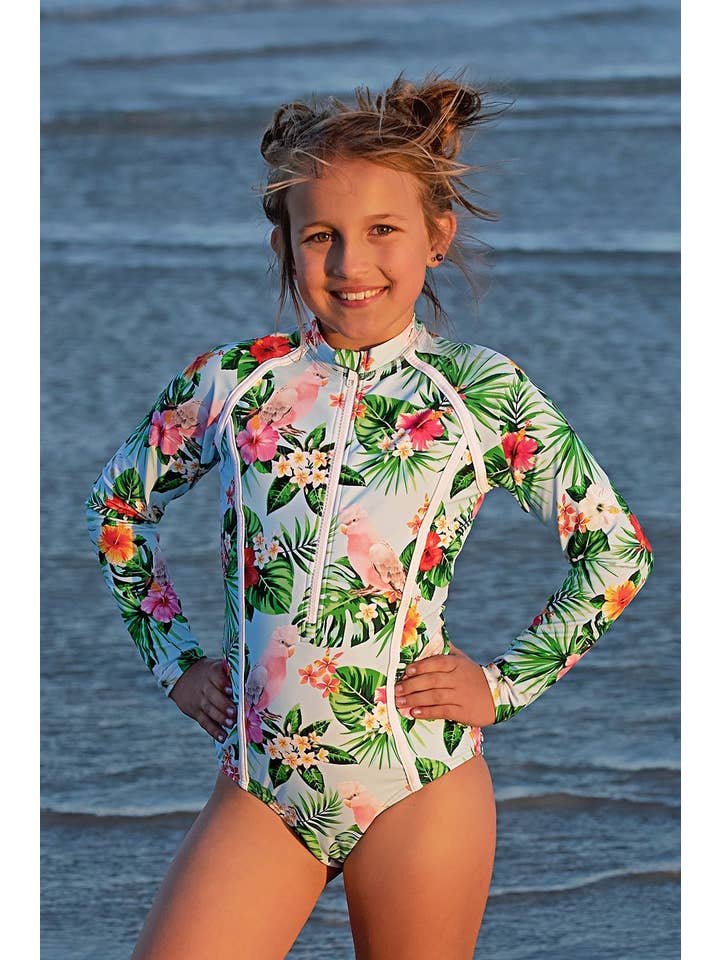 Tribe Tropical – wholesale One-piece swimsuit – Kids – Teenage Girl / Tween Long-Sleeve Swimsuit - 'Gaga Galah'