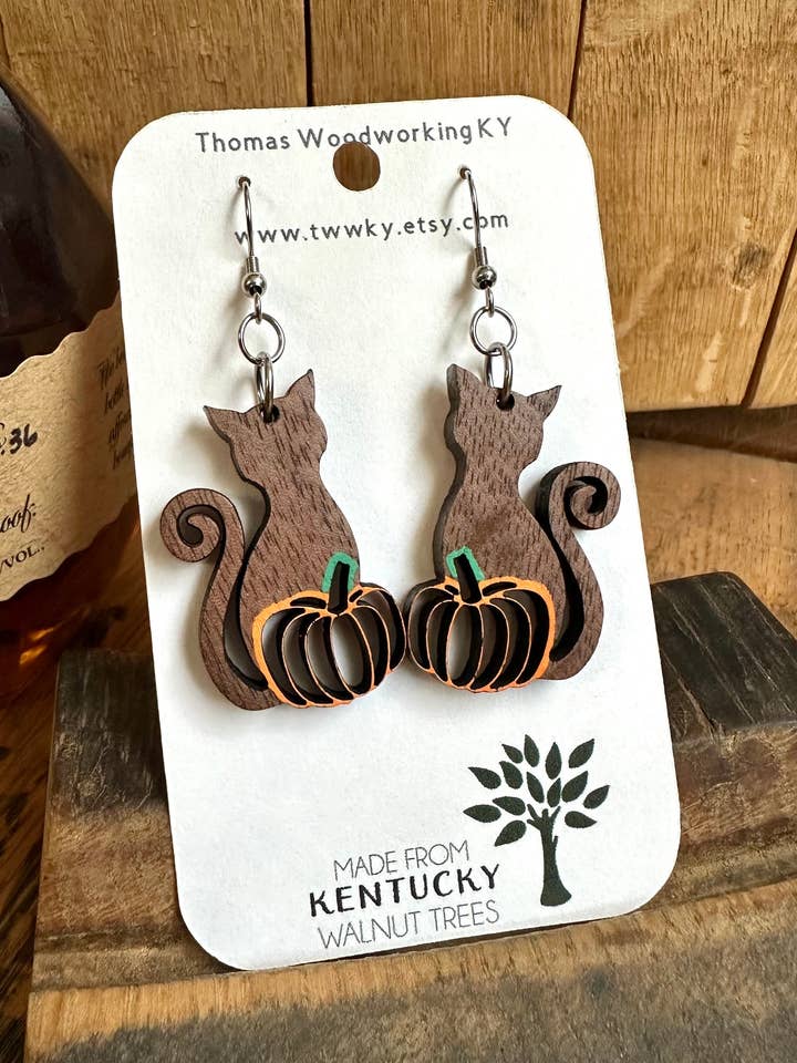 Cat and Pumpkin Halloween Walnut Wood Dangle Earrings for wholesale by TWWKY