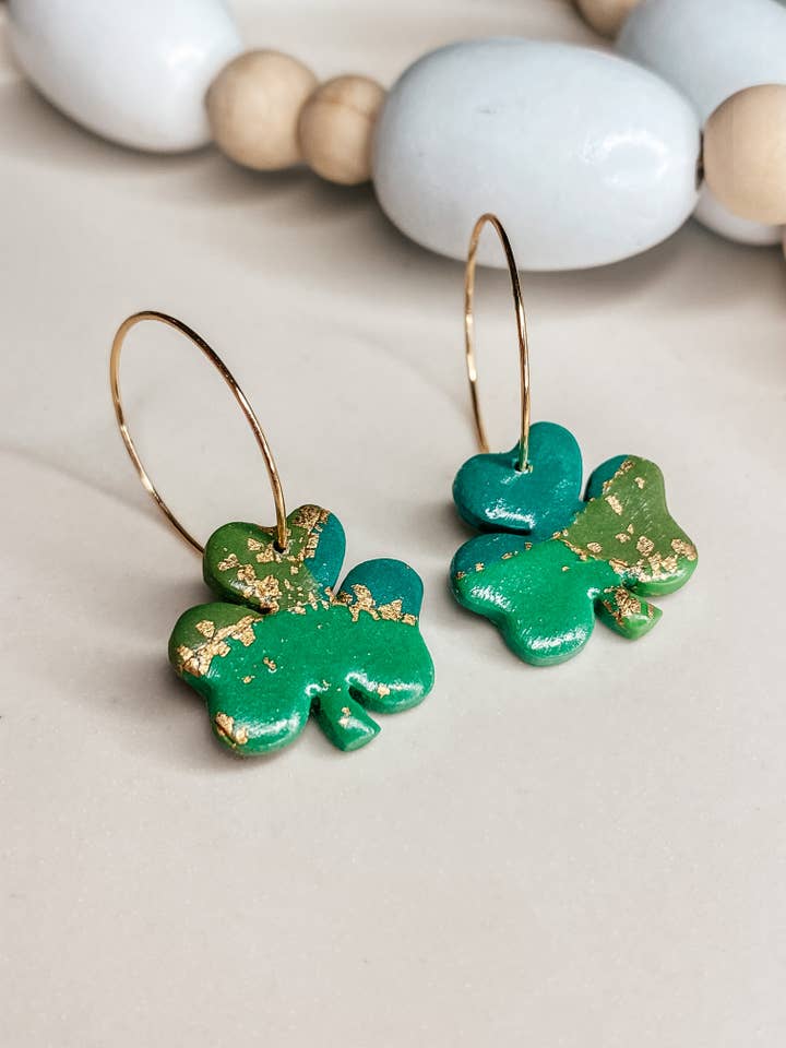 GOLD LEAF CLOVER HOOPS | handmade polymer clay earrings for wholesale by Zazzling Boutique
