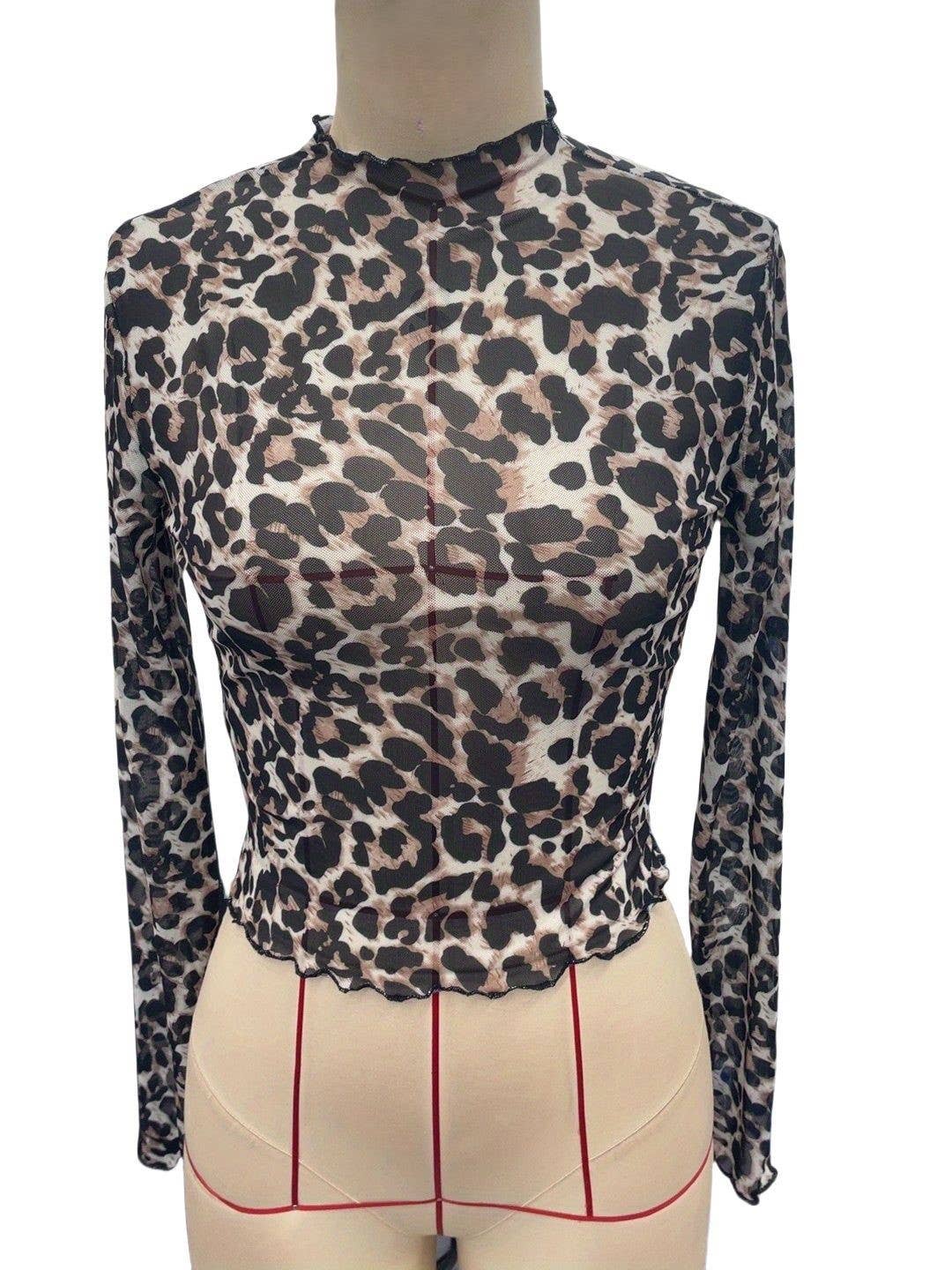 Khaki Y2k Leopard-Print Mesh Stand-Up Collar Top for wholesale on Faire0
