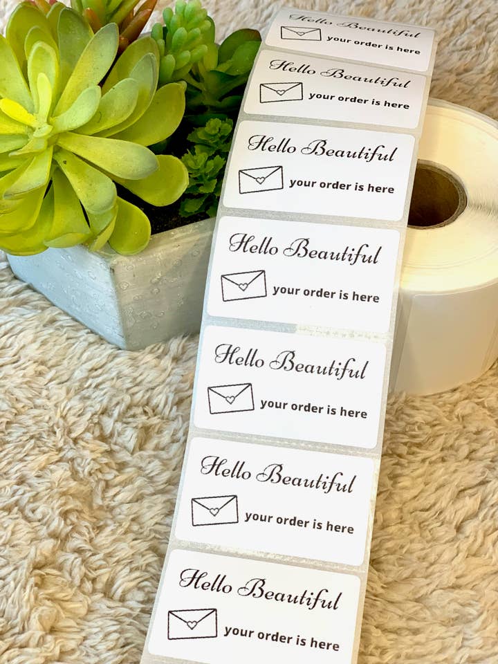 Pack of 25 Hello Beautiful Thermal Sticker Labels for wholesale by Just BU Apparel
