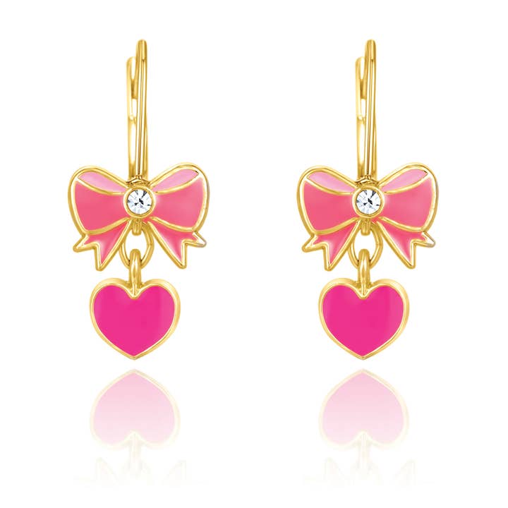 Girl Nation | Kids Jewelry | Easter Gifts - Wholesale Dangle Earrings - Pink Heart & Bow | Leverback Dangle Earrings | Valentine's
1