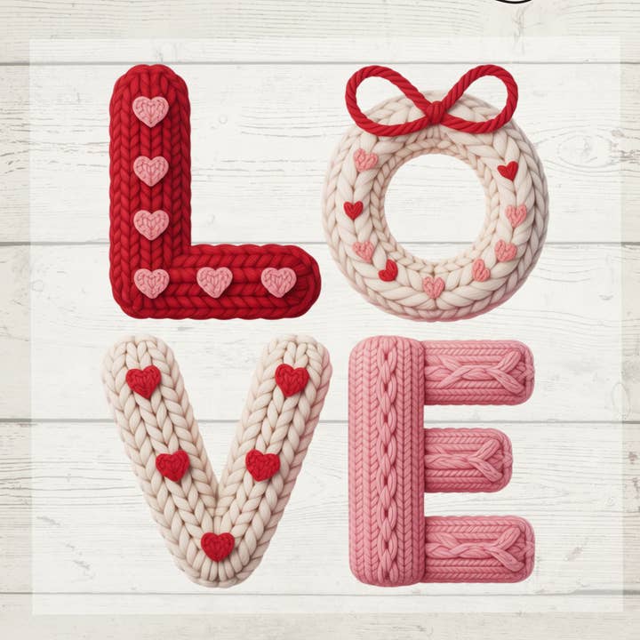 Knitted LOVE Valentine DTF Transfer – Cozy Yarn Heart Letter for wholesale by Enchanted Island Prints