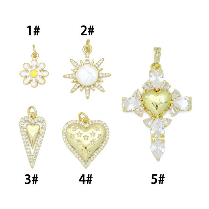 CZ Daisy flower, Sun, Star Heart, Flower Cross Pendant charm, Sku#LD762 for wholesale by BestBeads&Beyond